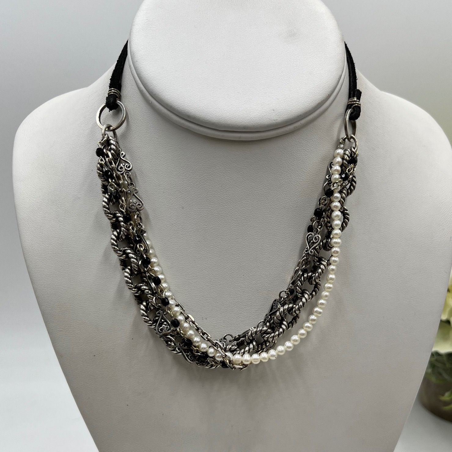 Multi Strand Pearl Black Rhinestone Paperclip Heart Chain Link Sterling Necklace